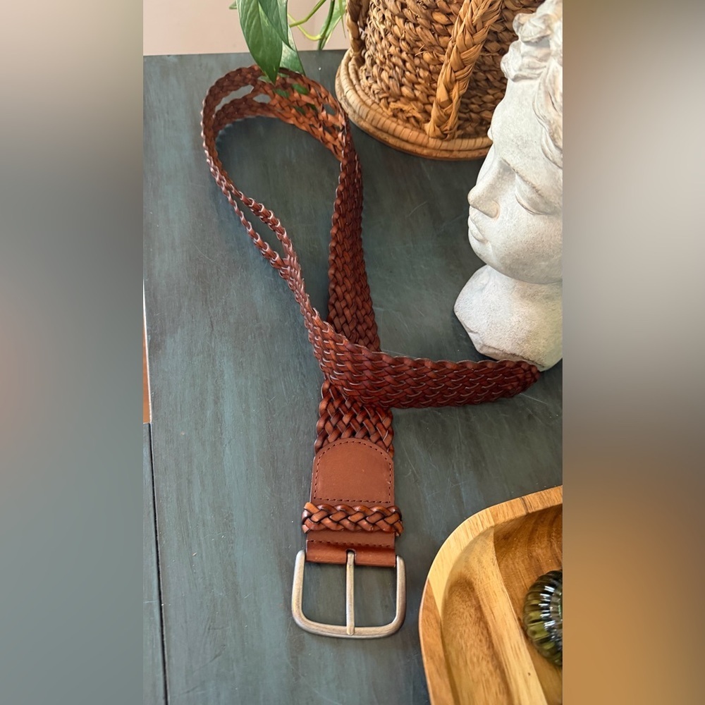 Wide Woven Braided leather belt with silver-colored buckle. XL